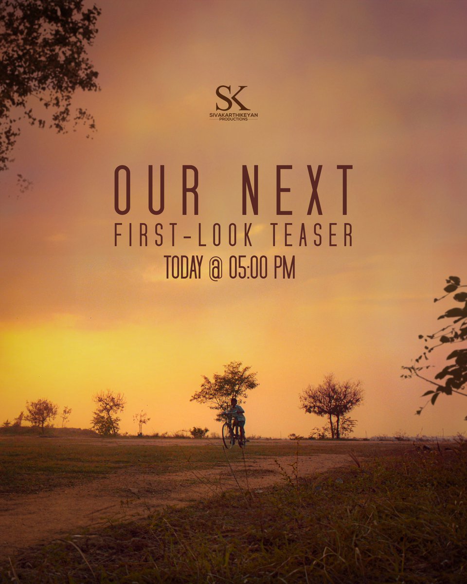 Our #SivakarthikeyanProductions' NEXT first-look teaser will be out today at 5 PM 🕔 Keep watching this space! @Siva_Kartikeyan | @KalaiArasu_ | #SKProductions
