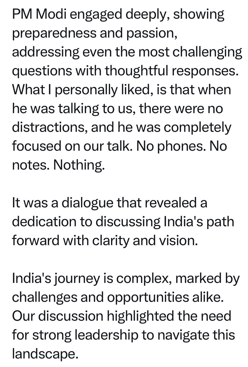 Do read what the Journo @TellDM who interviewed @narendramodi for @Newsweek has written. Many who met the PM would understand what he wrote. Complete attention to the folks who meet him. No distractions at all.