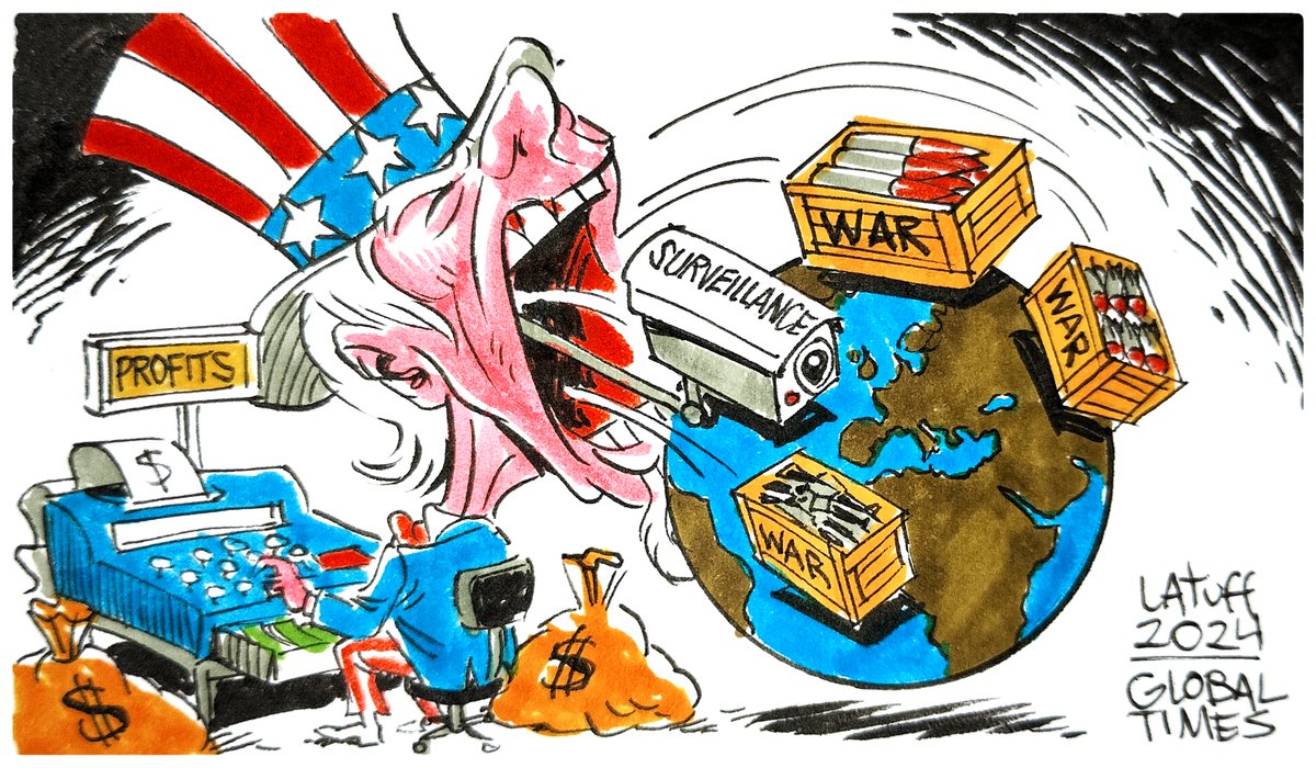 America's overcapacity in exporting turmoil to the world. 美国向世界肆意输出动乱。 ✏️@LatuffCartoons