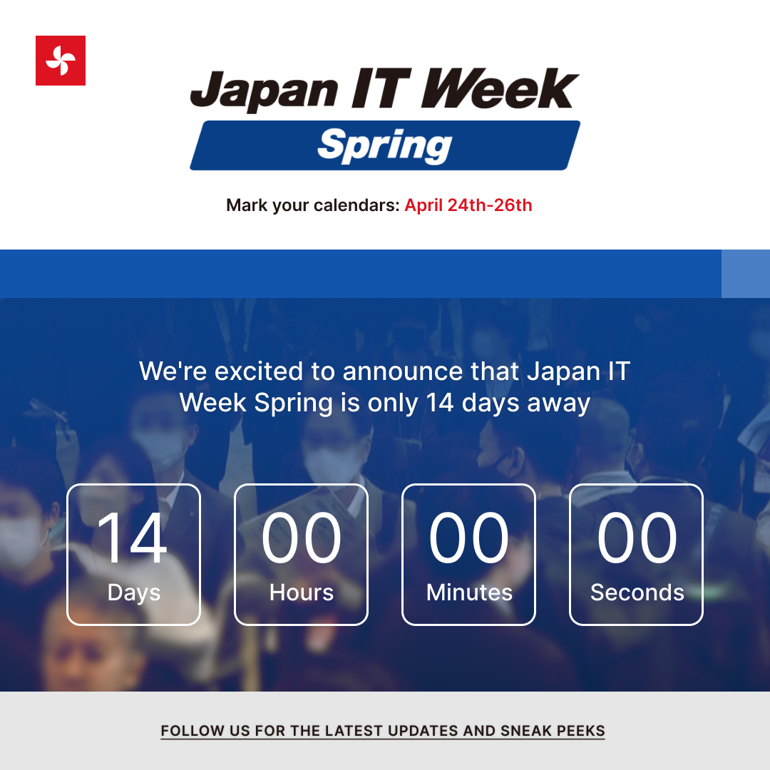 Only 14 days until Japan IT Week Spring (April 24-26)! Visit SparxIT at booth T-7, 46-38(a), Tokyo Big Sight.  

Exciting updates coming soon!  

#JapanITWeekSpring #SparxIT #technology