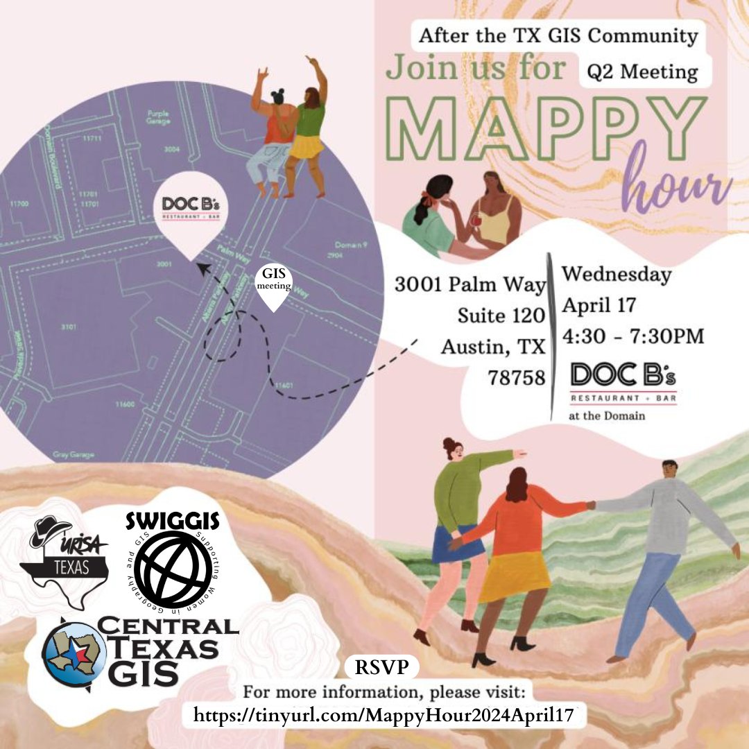Join <a href="/SWIGGISAustin/">SWIGGIS Austin</a>, @CenTexGIS, &amp; <a href="/URISATexas/">GPN Texas</a> for an awesome #MappyHour after the Tx GIS Community Meeting led by <a href="/GeographicTexas/">TxGIO</a> on 4/17. Head over to Doc B's in the Domain at 4:30pm after the meeting or work. Come on down, we'll be there awhile! RSVP: tinyurl.com/MappyHour2024A…