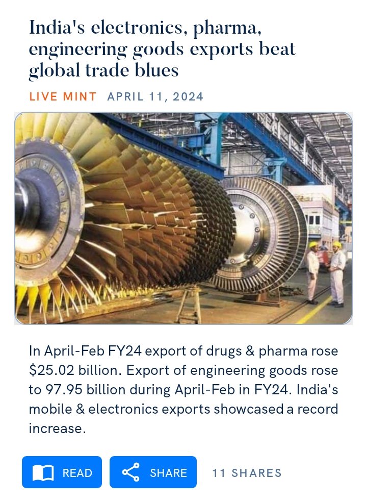 #globalTrade #electronics #pharma #EngineeringGoods 

India's electronics, pharma, engineering goods exports beat global trade blues

livemint.com/economy/indias…