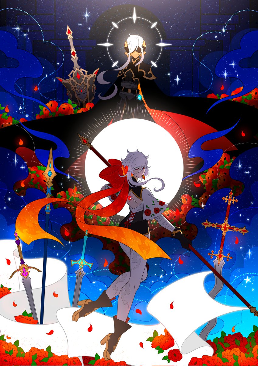 ffluvy's tweet photo. I finally can show a piece I made for @ZineLegacy ❤️

Meet Allenai, my Genshin OC - former Fatui member and a vessel of fallen, four-faced god ✨️ https://t.co/ROPVHwQJ41