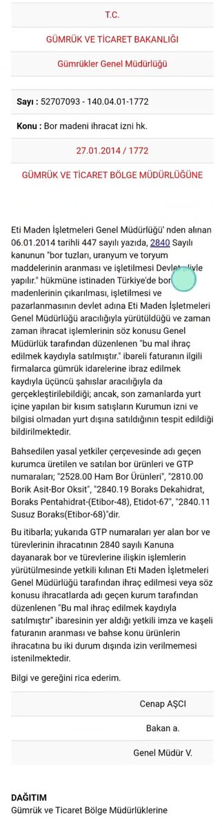 Ticareti Bakanı'nın iddiasına göre Eti Maden İsrail'e devletin haberi olmadan Bor yollamış. Bu bahaneyi de belgeyle çürüteyim. Aşağıdaki yazı, Eti Maden'in Bor ihracatını Devlet adına yürüttüğünün belgesidir.  Yani, maalesef, Devlet olarak, 10 gün önce İsrail'e Bor teslim ettik.
