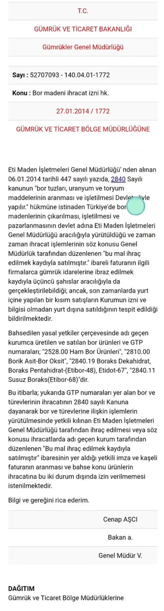 Ticareti Bakanı'nın iddiasına göre Eti Maden İsrail'e devletin haberi olmadan Bor yollamış. Bu bahaneyi de belgeyle çürüteyim. Aşağıdaki yazı, Eti Maden'in Bor ihracatını Devlet adına yürüttüğünün belgesidir. Yani, maalesef, Devlet olarak, 10 gün önce İsrail'e Bor teslim ettik.