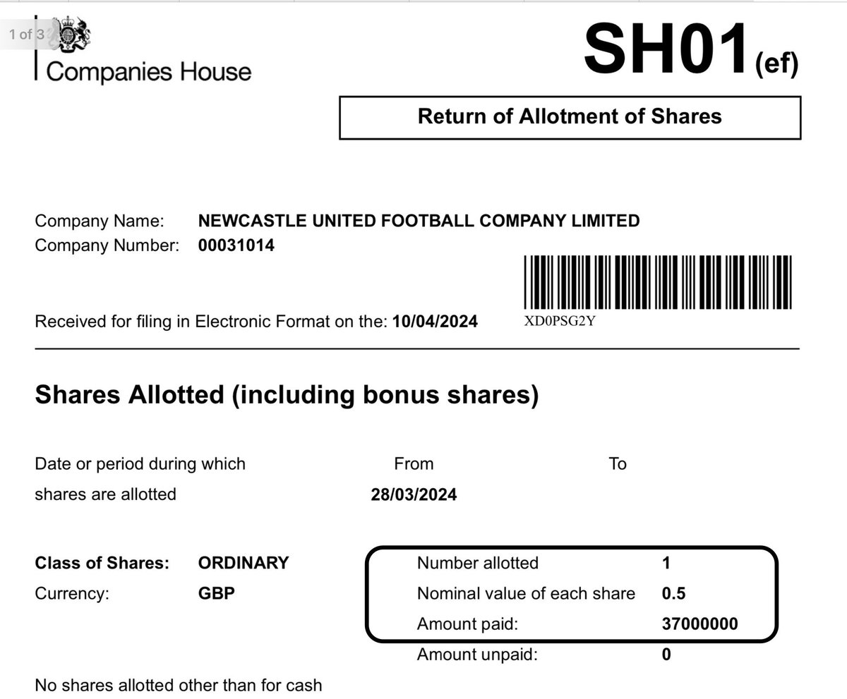 Newcastle issue one share for £37 million. Looks as if one of the owners are pumping in fresh cash. #NUFC