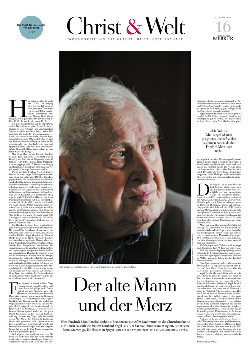 Herr Vogel, wenn Sie Herrn Höcke träfen, was würden Sie ihm sagen? 'Dass ich ihn bekämpfen werde.' Das neue @DIEZEIT @christundwelt -Cover mit dem Portrait des 91 Jahre alten CDU-Mannes: zeit.de/2024/16/bernha…