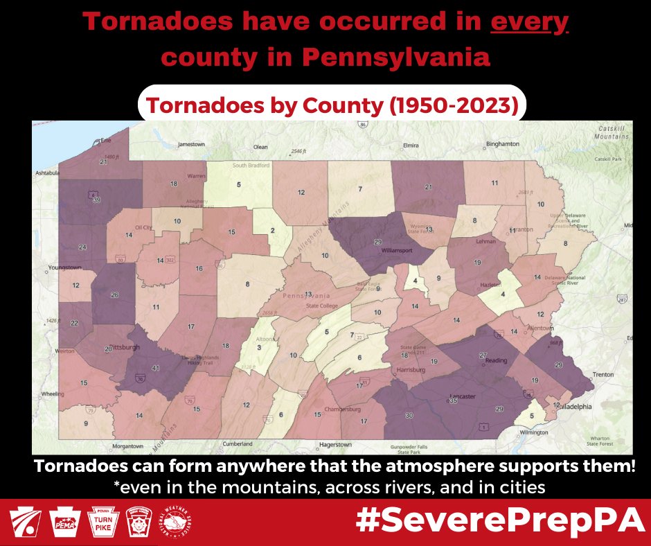 Severe Weather Awareness Week: Tornadoes have occurred in every county across PA! We average about 15 tornadoes a year. Wherever you are and at any time of year, make sure you are prepared for tornadoes. Prepare an emergency kit and create an emergency plan with your household.