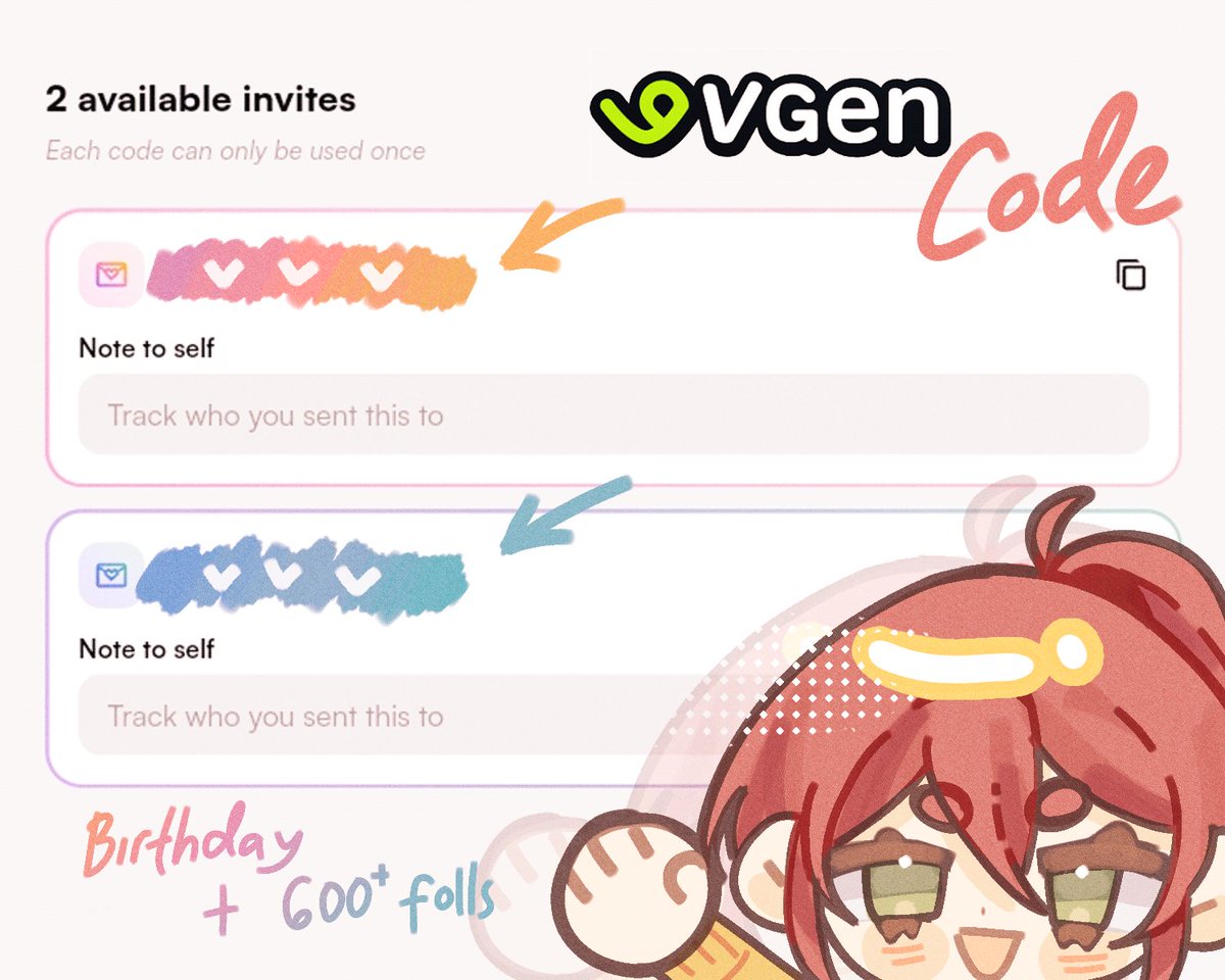 I'll be giving out #VGenCode  for 2 artists!

Rules:
☁️ Like +RT
☁️ Reply with comm sheet link/qrt + 4 past artworks 

Ends: April 22nd