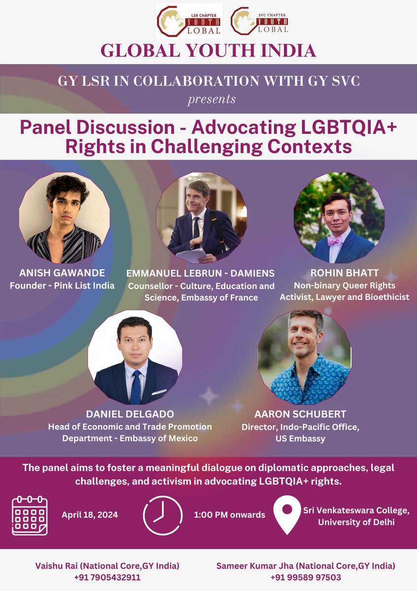 Excited to announce our upcoming panel discussion on advocating #LGBTQIA + rights, hosted by Global Youth India LSR and SVC Chapter. Join us on April 18 at Sri Venkateswara College. Registration : forms.gle/4sYdat1kGHh4L7… @anishgawande @BhattRohin @elebrundamiens
