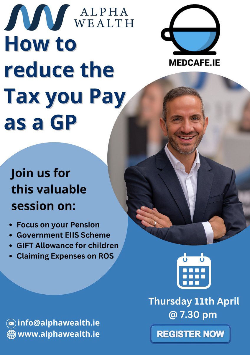 How to reduce the Tax you pay as a GP 💵 📅Today, April 11th ⏰ 7:30pm-8:30pm 🙋🏼‍♂️Q&A 👩🏼‍🎓CPD Click ⬇️ to join 📱 💻 medcafe.ie/users/sign_in