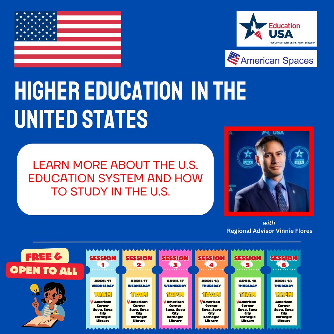 🇺🇸📣🇫🇯 American Corner Suva is hosting 6⃣ exciting sessions on higher education in the U.S. with @educationusa's Regional Advisor Vinnie Flores! From April 17 to 18, he will help YOU learn more about the U.S. education system and how YOU can #StudyWithUS!