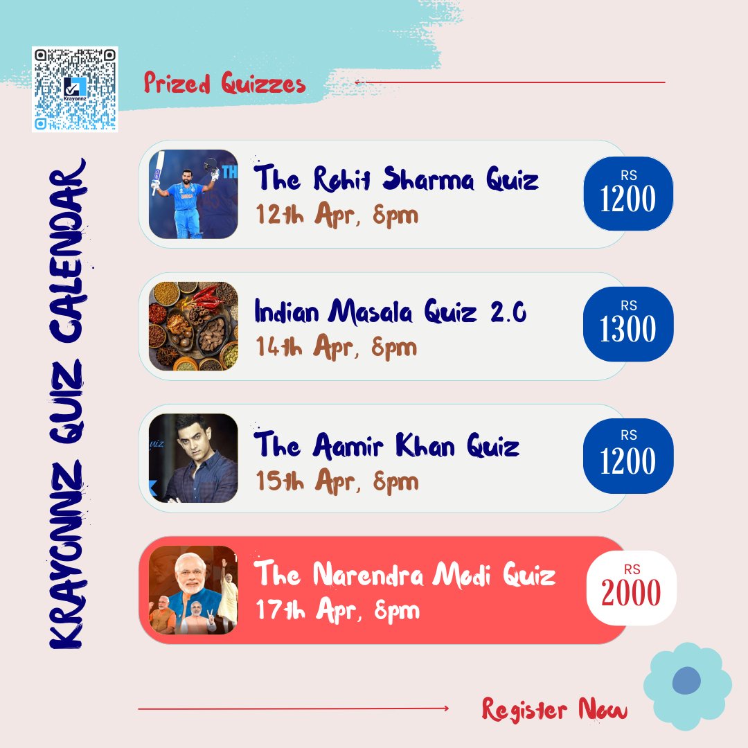 krayonnz's tweet image. Prized Quiz Calendar for the next one week is live. Save it & share it with your friends.
#quiz #quiztime #narendramodiji #RohitSharma #AamirKhan #Hitman #krayonnz