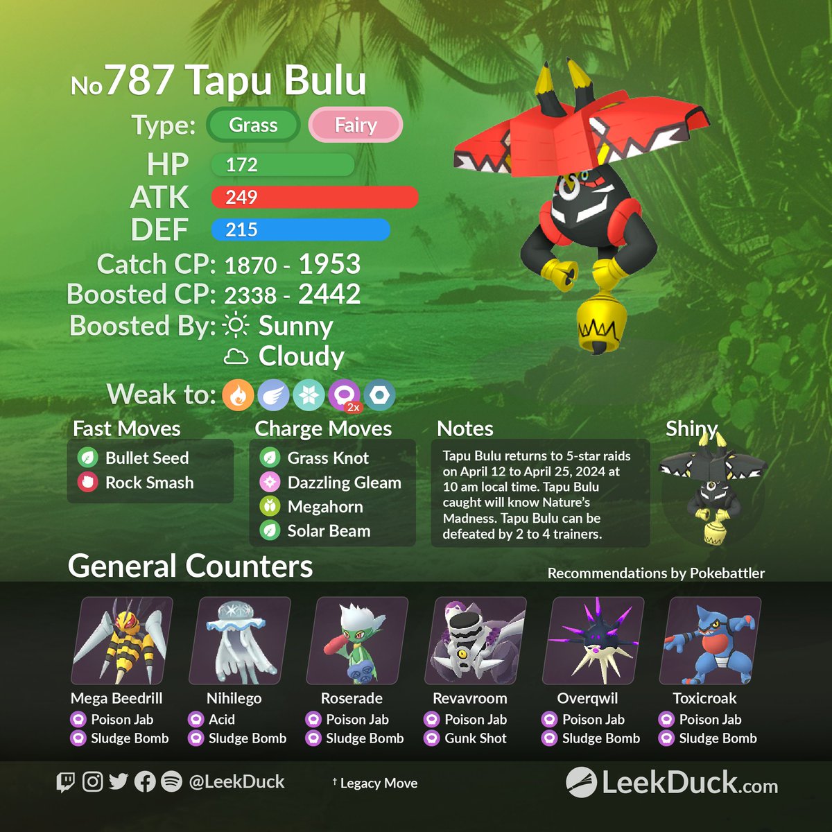 Tapu Bulu returns to 5-star raid battles from Friday, April 12, at 10 am to Thursday, April 25, 2024, at 10 am local time. • Tapu Bulu caught will know the featured attack Nature’s Madness. Join and host global raids with Raid NOW: 🥊leekduck.com/raidnow/