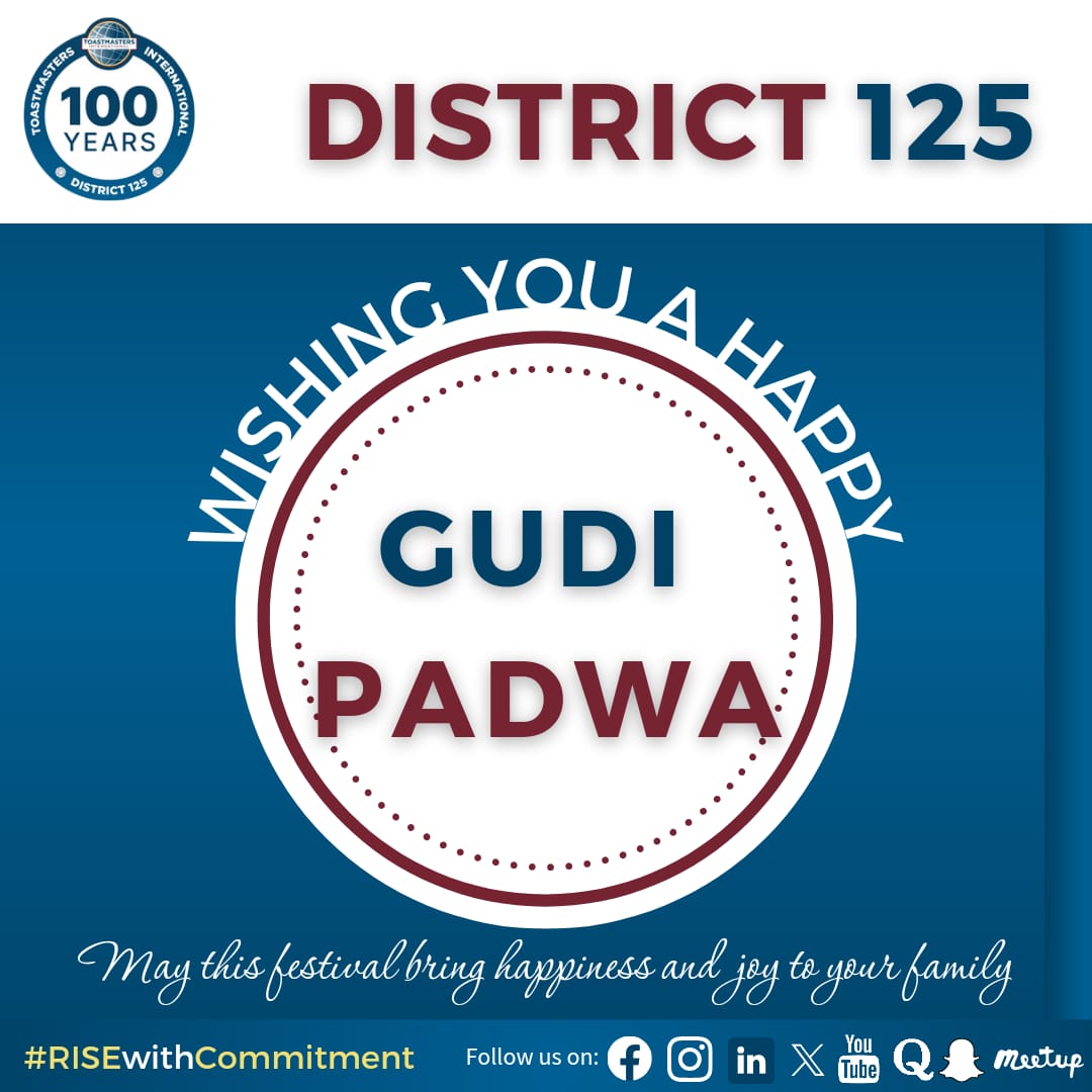 Gudi Padwa, also known as the Samvatsar Padvo, marks the beginning of new year or harvest season in Maharashtra. May this new year bring happiness, prosperity, and success in all your endeavors. Happy Gudi Padwa!💫💫

#FestiveVibes
#D125 #Toastmasters100Years
#WhereLeadersAreMade