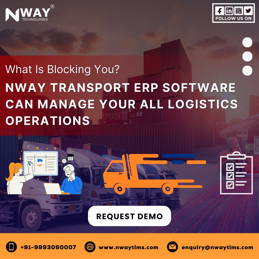 𝗡𝗪𝗔𝗬 𝗟𝗢𝗚𝗜𝗦𝗧𝗜𝗖𝗦 𝗘𝗥𝗣 𝗦𝗢𝗙𝗧𝗪𝗔𝗥𝗘

What Is Blocking You? NWAY Transport ERP Software Can Manage your All Logistics Operations.

#TransportationManagement #LogisticsSolutions #ERPSoftware #EfficientShipping #SupplyChainOptimization #SmartLogistics #NwayTLMS