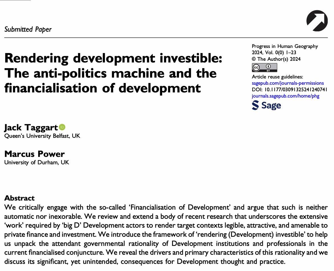 New open access paper in @ProgHumGeog w/ @MarcusJPower on 'Rendering development investible'! We explore the governmental rationality of Development institutions and professionals in the current financialised conjuncture tinyurl.com/tkb7ss2p /1