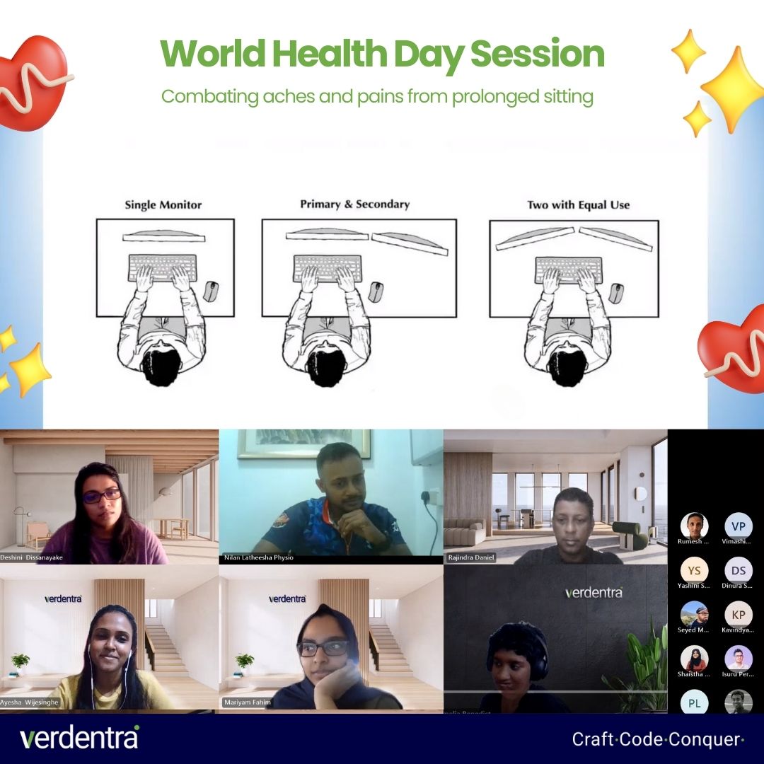 🌍 On World Health Day, Verdentra took a step towards enhancing the well-being of our team with a virtual physiotherapy session. ​

#Verdentra #WorldHealthDay #HealthyLiving #WellnessAtWork #ThePhysio #ErgonomicHealth