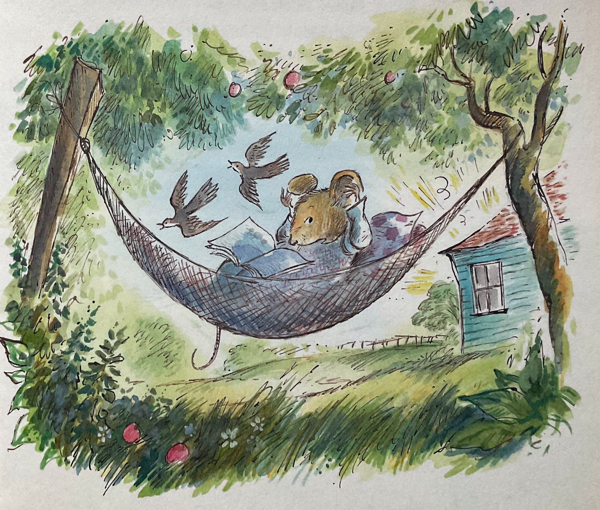 #BookIllustrationOfTheDay #60for60 today it’s “Mouse and Mole: Clink, Clank, Clunk”. Mouse is trying to read in the hammock. What is that terrible noise? Another great tale in the on going series by Joyce Dunbar (2023). Ink line, watercolour wash, coloured pencil.