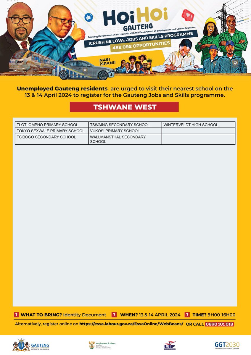 WALK-IN SITES: TSHWANE All unemployed Gauteng residents are urged to go to their nearest school on tbe 13 & 14 April 2024 to register for the Jobs & Skills programmes. You can also register on essa.labour.gov.za/EssaOnline/Web… or call 0860 101 018. #iCrushNeLova