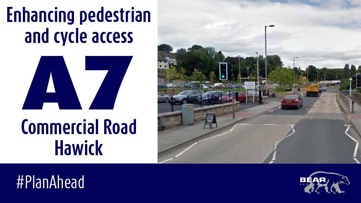 Works to upgrade a pedestrian crossing on the #A7 in Hawick for use by both pedestrians and cyclists are due to commence on Monday 6 May for four weeks. Commercial Road will be restricted to a single lane controlled by temporary traffic lights. Details: bit.ly/3Wbs1Zp