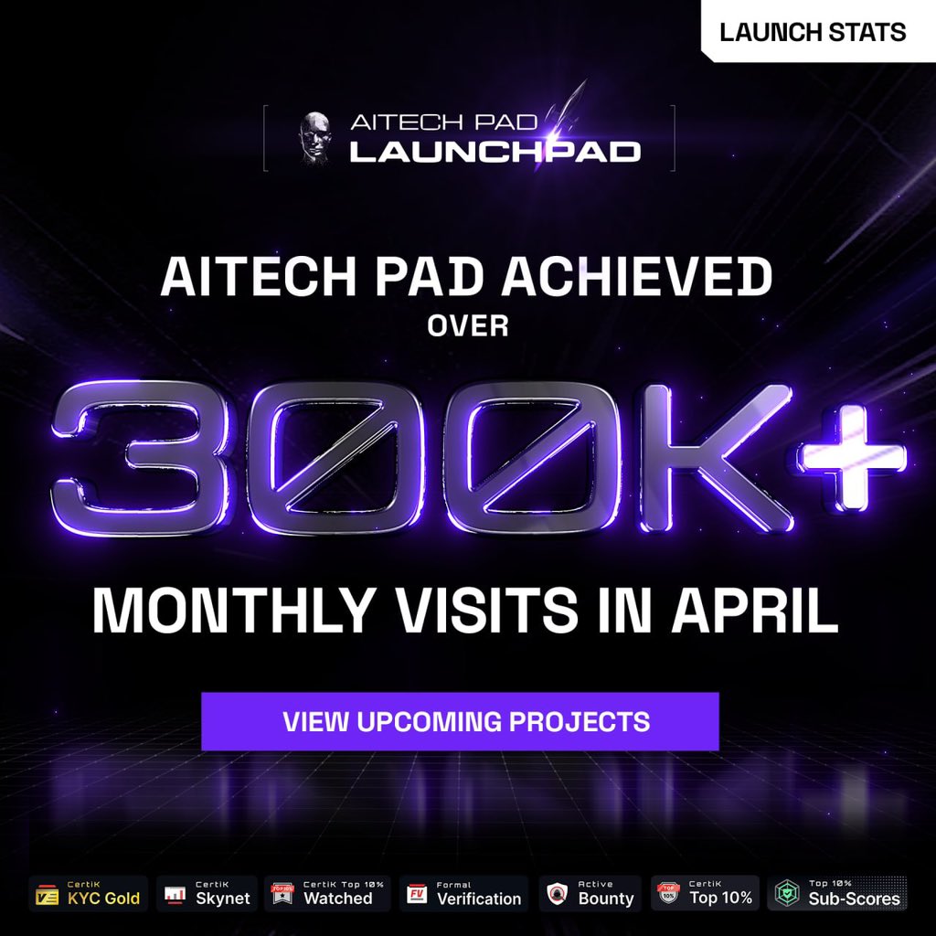 🔥 AITECH Pad: Surpassing 300k+ Monthly Visits! 🌟 We are thrilled to announce that AITECH Pad has surpassed 300k+ monthly visits in April! A huge thanks to everyone who contributed to this remarkable achievement. ➡️ View Upcoming Projects Here: aitechpad.io