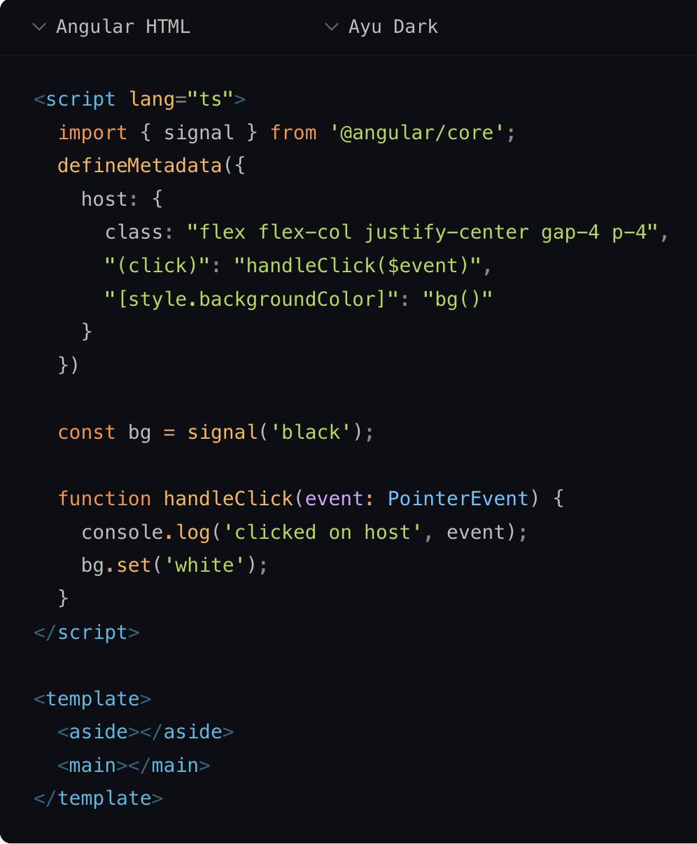 Nartc1410's tweet image. #angular #analogjs #sfc
use `&lt;template&gt;` tag to declare host bindings and host listeners? Yes please.
before / after