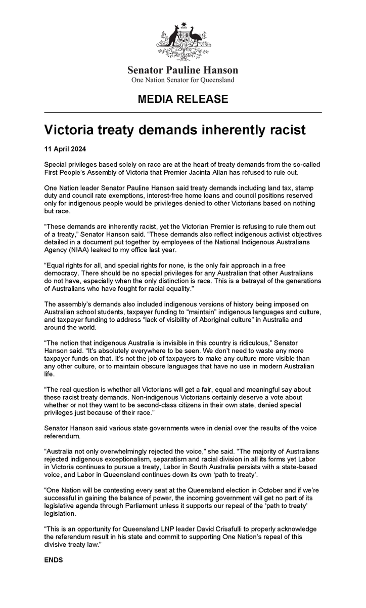 Media Release | Victoria treaty demands inherently racist Special privileges based solely on race are at the heart of treaty demands from the so-called First People’s Assembly of Victoria that Premier Jacinta Allan has refused to rule out. One Nation leader Senator Pauline…