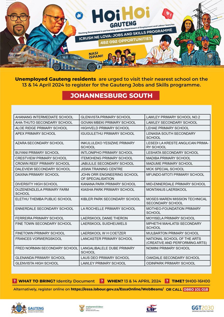 WALK-IN SITES: JOHANNESBURG All unemployed Gauteng residents are urged to go to their nearest school on tbe 13 & 14 April 2024 to register for the Jobs & Skills programmes. You can also register on essa.labour.gov.za/EssaOnline/Web… or call 0860 101 018. #iCrushNeLova