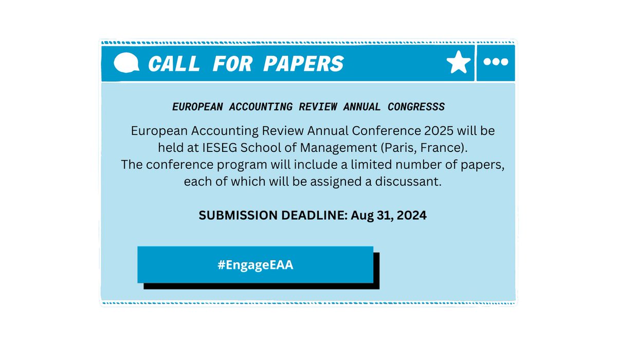 EAR Annual Congress Call for Papers The Conference will be held at IESEG School of Management (Paris, France). The conference program will include a limited number of papers, each of which will be assigned a discussant. SUBMISSION DEADLINE: Aug 31, 2024 #EngageEAA
