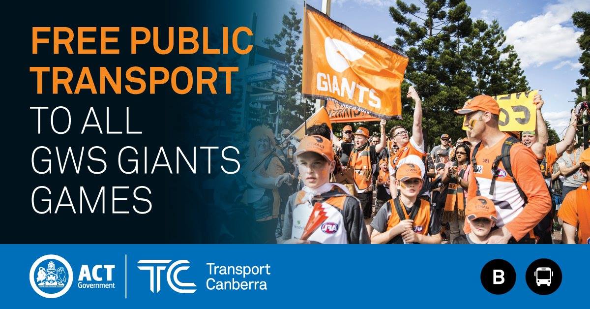 🏉 Get ready to cheer on the GWS Giants as they go up against @stkildafc on Saturday 13 April! Ticketholders get FREE travel on regular bus services and light rail services to Manuka Oval and back. 🚍 More info: transport.act.gov.au/news/events