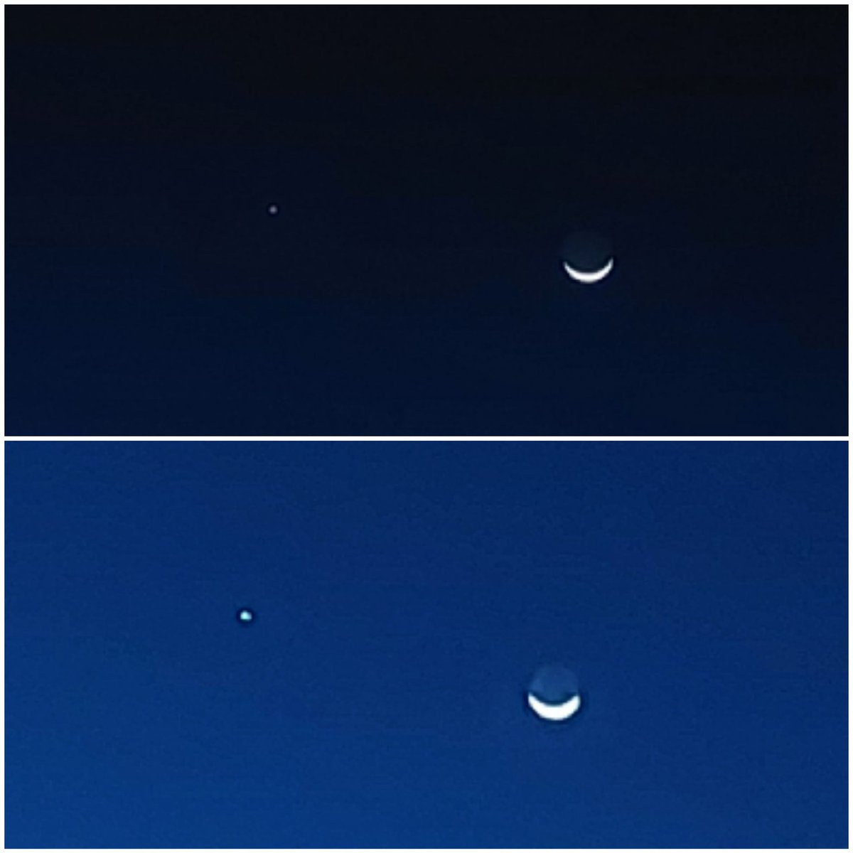 Ahir, a les 21:00, conjunció Venus-Lluna des de Sitges, amb el mòbil. No és l'eclipse i també passa molt més sovint, és clar, però això sí que compartim els dos l'hemisferis. #lluna #venus #sitges #moon #luna #lune #mond