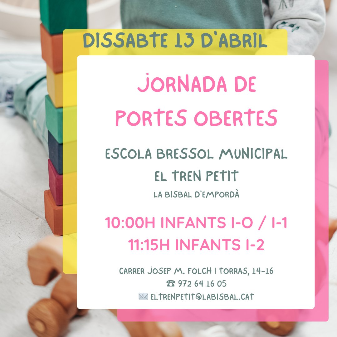 Aquest dissabte l’Escola Bressol Municipal El Tren Petit obrirà les serves portes per tal que totes les famílies interessades en portar-hi l’infant puguin visitar l’equipament. Serà a les 10 h i es pot consultar més informació a través del web municipal: bit.ly/3PX6ek8