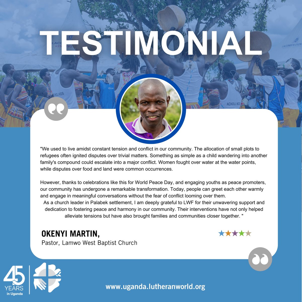 #Testimonial Pastor Okenyi Martin from Palabek Settlement shares about the newfound peace and harmony in his community. @EU_Partnerships