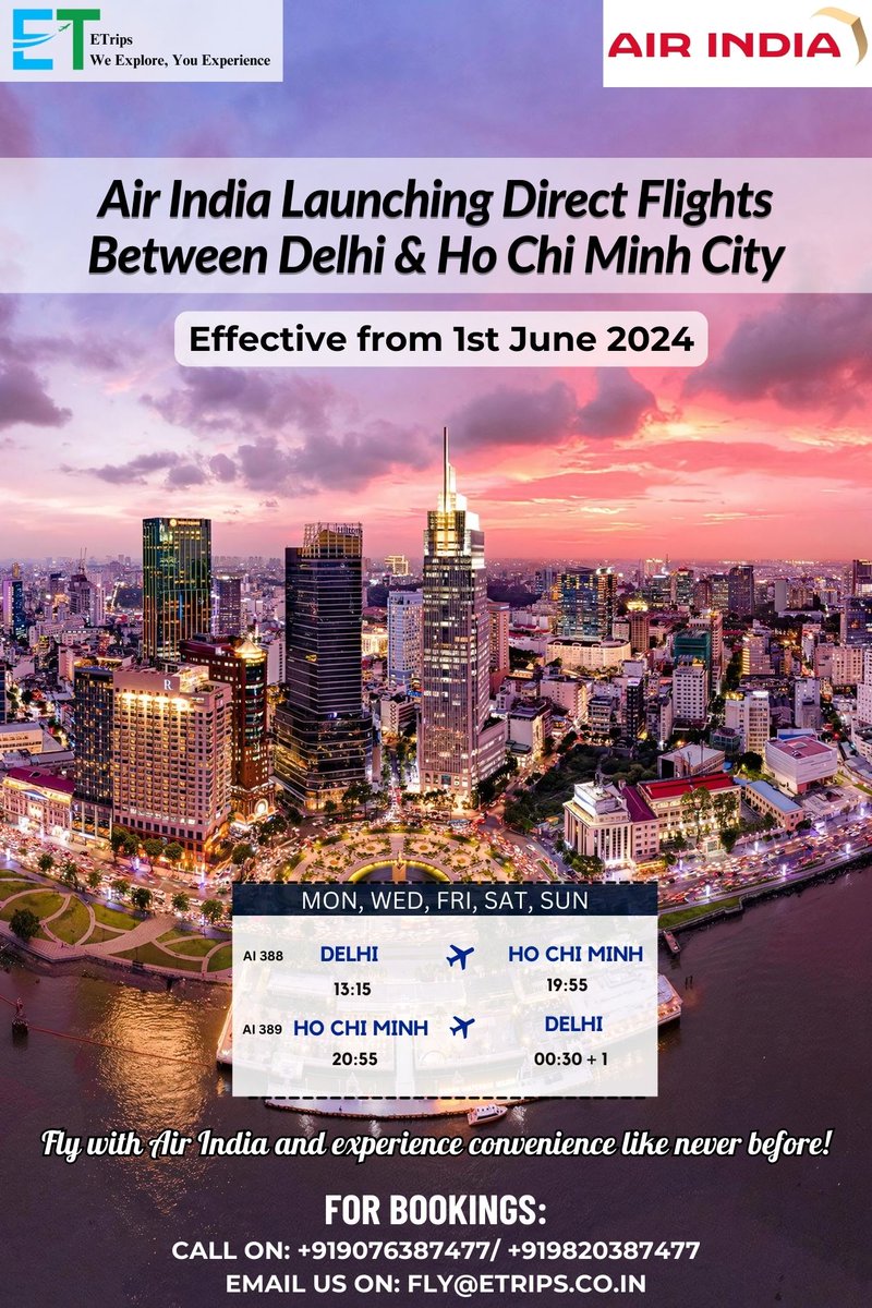 Air India Launching Direct Flights Between Delhi & Ho Chi Minh City
@airindia #AirIndia #DirectFlights #DelhiToHoChiMinh #Etrips #Flightbooking #Hotelbooking #Tourpackage #Booknow #HoChiMinhCity #TravelVietnam #FlightLaunch #TravelPlans #ExploreAsia