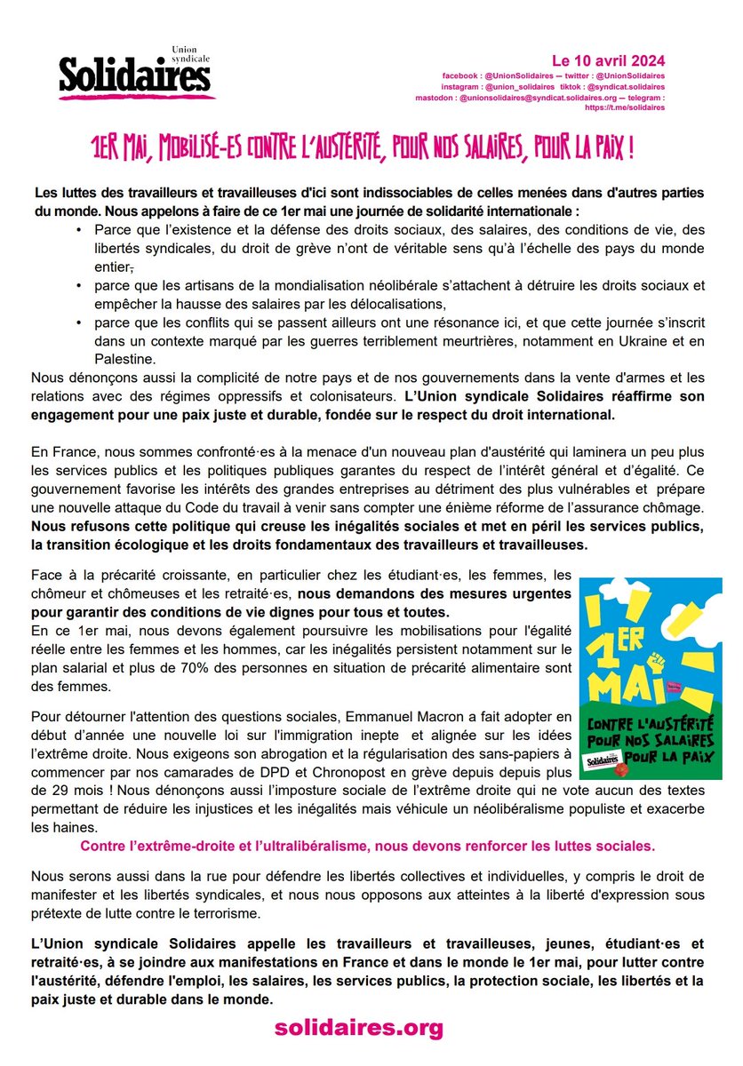 1er mai, mobilisé-es contre l’austérité, pour nos salaires, les services publics, la protection sociale, les libertés et la paix juste et durable dans le monde. solidaires.org/sinformer-et-a…