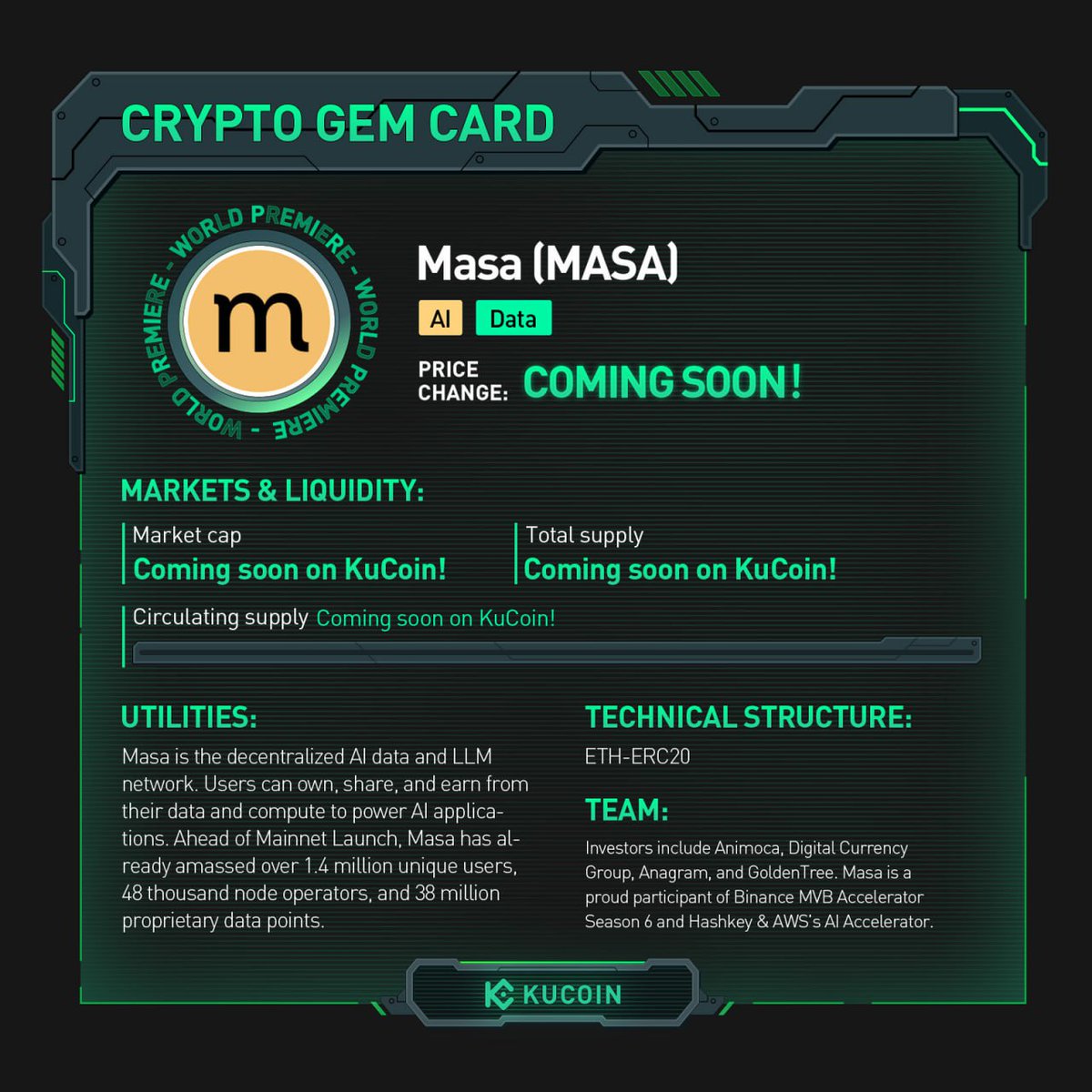 $MASA trading is now live on #KuCoin! 🚀MASA/USDT: trade.kucoin.com/MASA-USDT?utm_… Find out more about Masa in #KuCoinCryptoGem card. #AI #Data