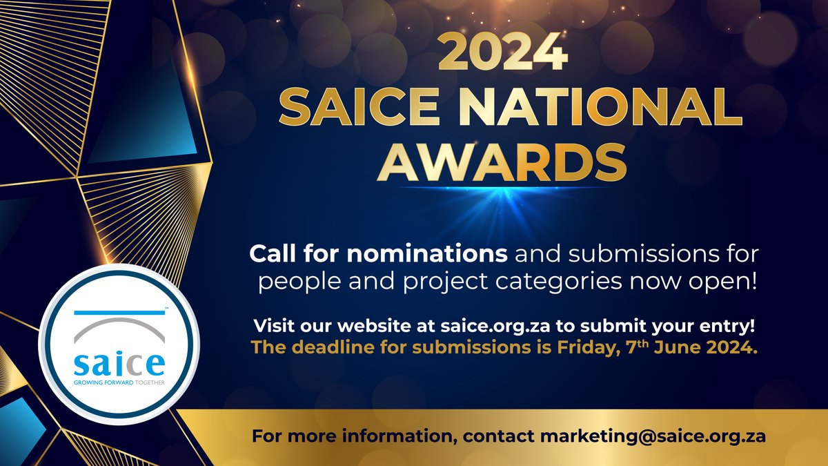 Reminder! Call for nominations for 2024 SAICE National Awards! People & project categories open now! Don't miss out on this chance to shine. Click on the link to read all the information needed to nominate someone or enter: saice.org.za/awards-2024/ Award entries are free!