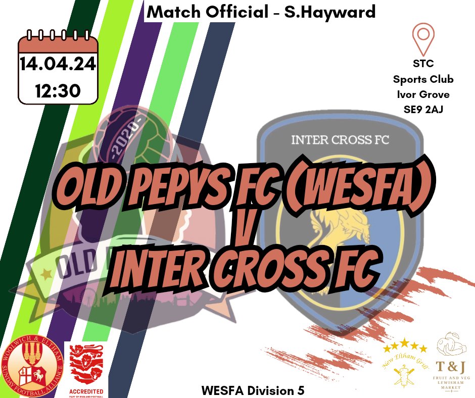 Old Pepys FC (WESFA) V Inter Cross FC 📆 Sunday 14th April ⏰️ Kick Off - 12:30 📍 STC Sports Club, Ivor Grove, SE9 2AJ