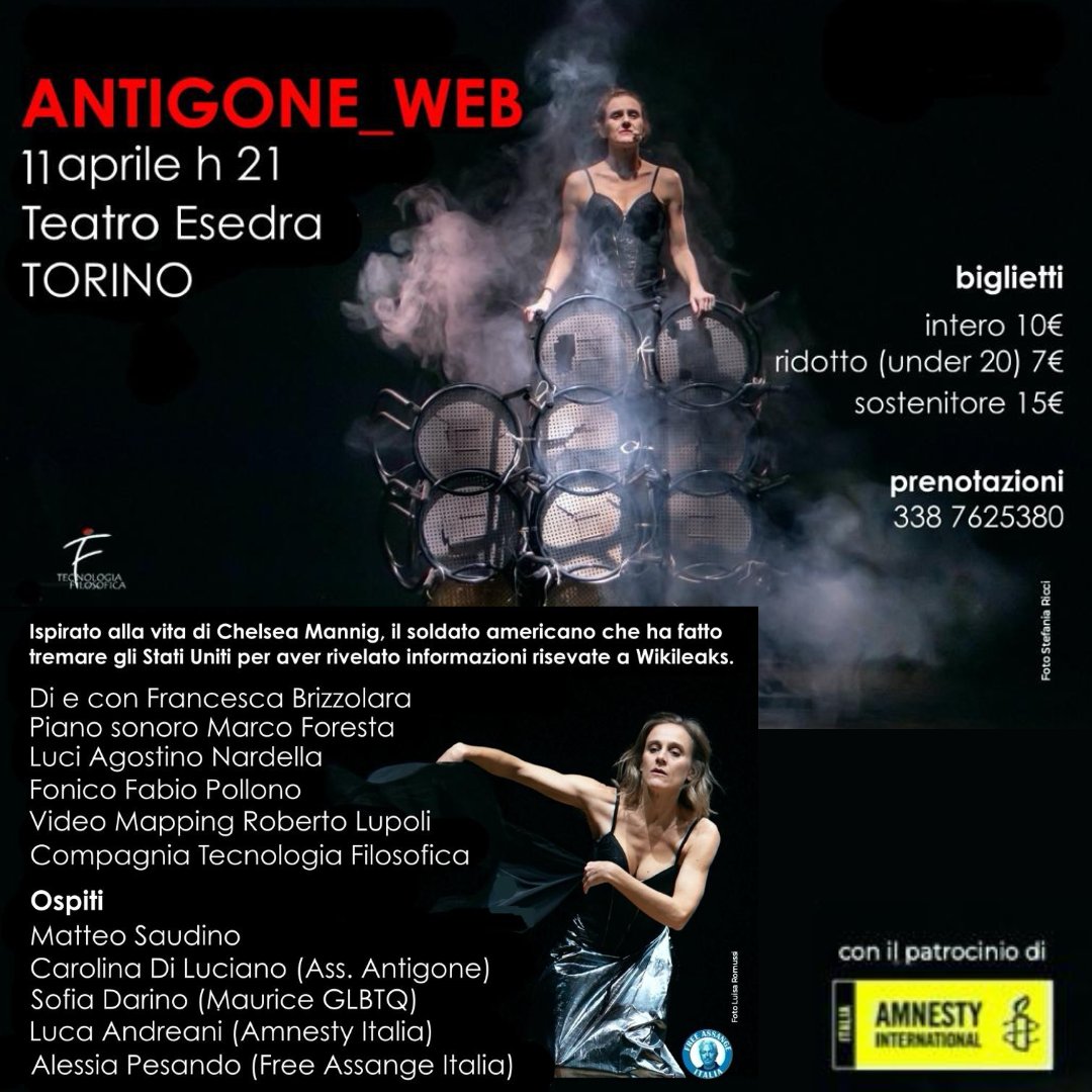 TORINO: in programma oggi ANTIGONE_WEB di e con Francesca Brizzolara Giovedì 11 aprile 2024, ore 21:00 Teatro Esedra, Via Bagetti, 30, #Torino Con il patrocinio di @amnestyitalia @amnestytorino @AmnestyCollegno @AmnestyChivasso