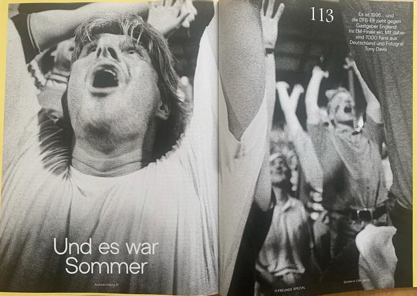 Day 4 covers and double page spreads: So good to see 3 double page spreads of some of my b&w documentary images from Euro 96 in @11freunde 🙏🏻⚽️