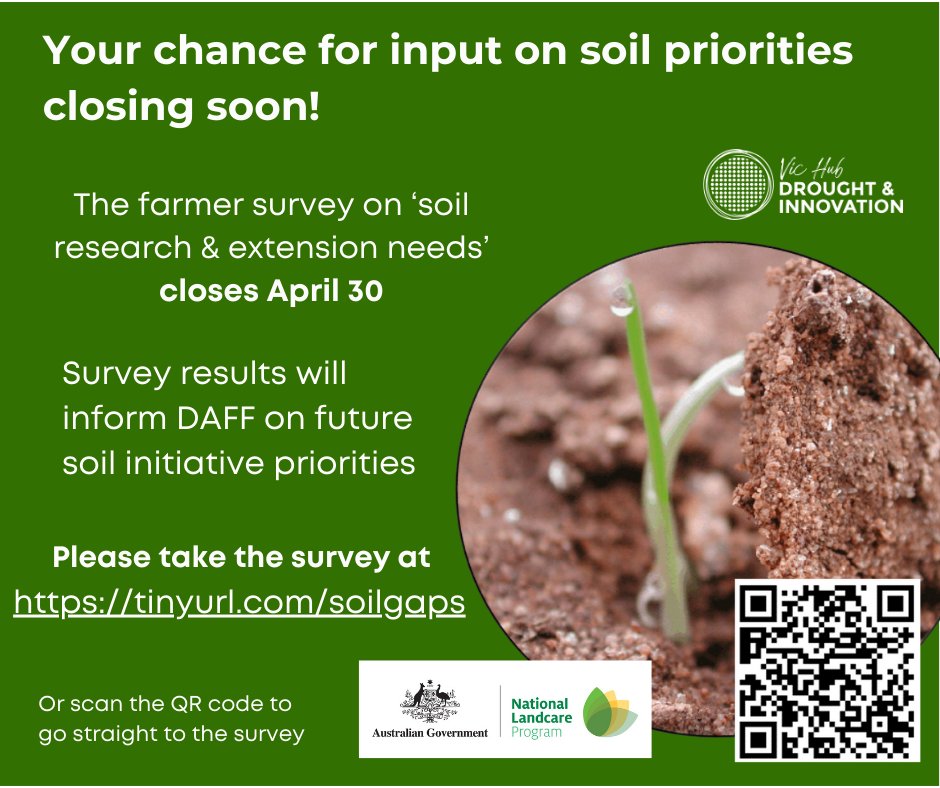 NRM SOUTH (@nrmsouth) on Twitter photo Have your say on soil priorities via the national soils  survey, which aims to understand knowledge and extension gaps and opportunities to better manage Australian soils. Survey closes April 30 melbourneuni.au1.qualtrics.com/jfe/form/SV_6J… Have your say on soil priorities via the national soils  survey, which aims to understand knowledge and extension gaps and opportunities to better manage Australian soils. Survey closes April 30 melbourneuni.au1.qualtrics.com/jfe/form/SV_6J…