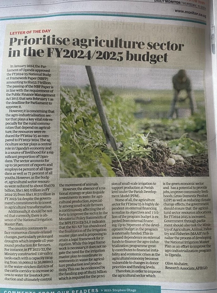 'prioritize agriculture sector in the FY2024/2025 budget' The sector accounts for 50 percent of exports and employs 64 percent of all Ugandans as well as 72 percent of all youth. Read more in today's letter of the day @DailyMonitor monitor.co.ug/uganda/oped/le…