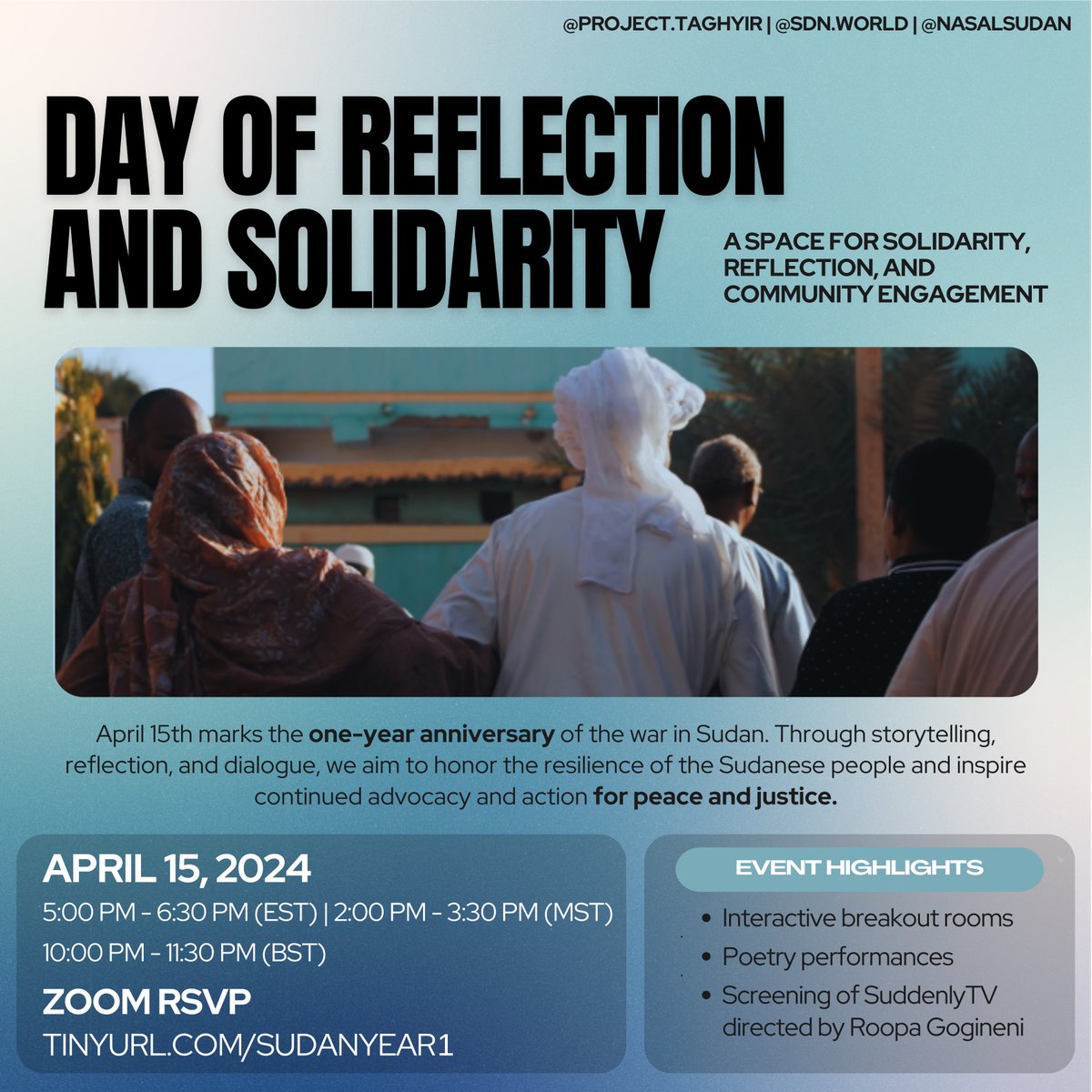 Join us, @SDNworld and Project Taghyir on April 15th for an interactive online event designed to foster reflection, dialogue, and solidarity. We will be exploring the multifaceted dimensions of resilience within the Sudanese community and contemplate how we, as individuals and…