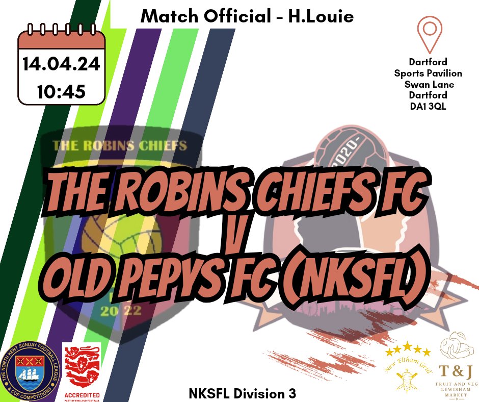 The Robins Chiefs FC V Old Pepys FC (NKSFL) 📆 Sunday 14th April ⏰️ Kick Off - 10:45 📍 Dartford Sports Pavilion, Swan Lane, Dartford, DA1 3QL