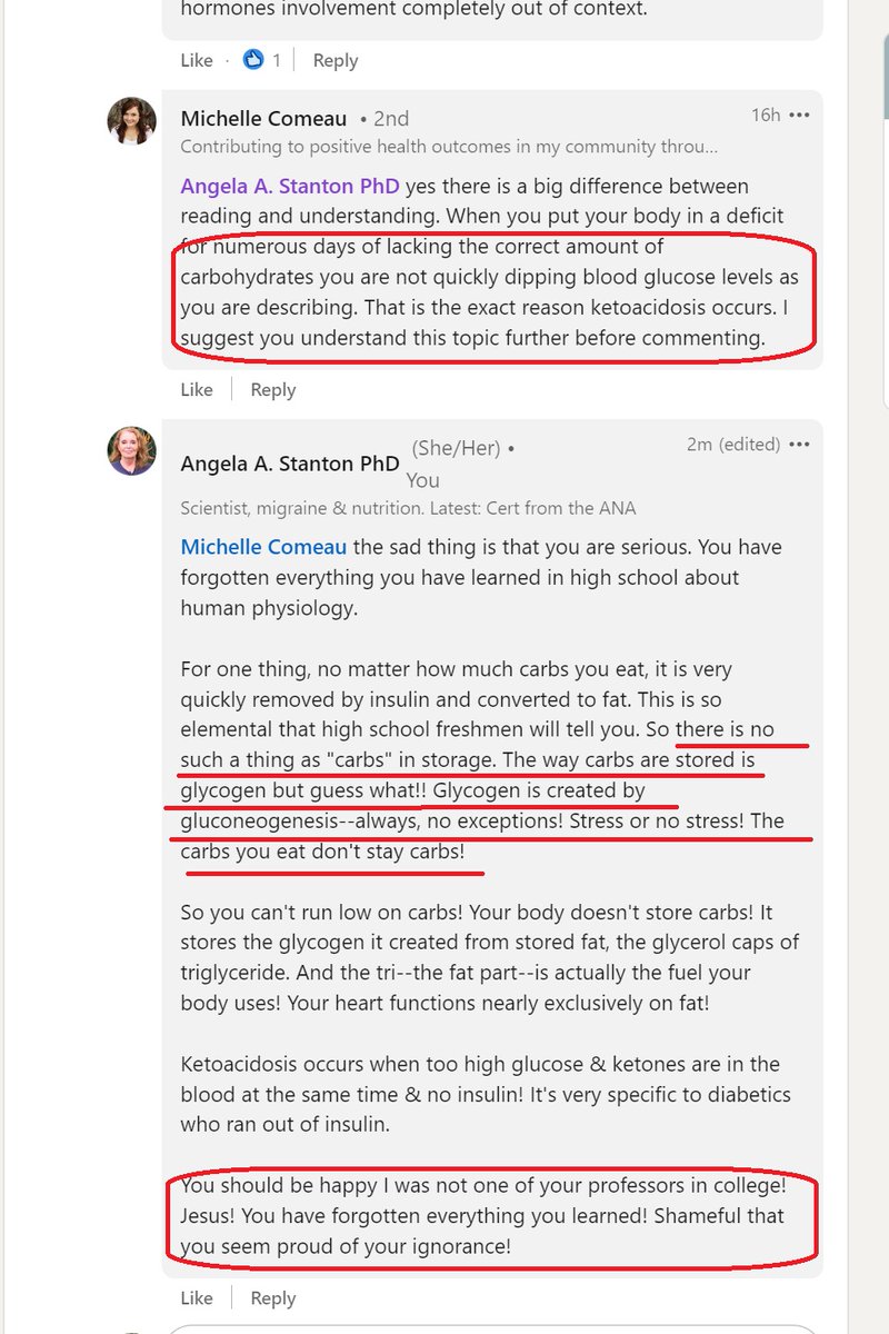 Back to the discussion that @REV_Insulin_Res started on @LinkedIn, I found a response to my earlier comment from a dietitian--see it attached in a screen capture. I encircled and underlined important parts! This is the knowledge level of RDs today? Very scary!