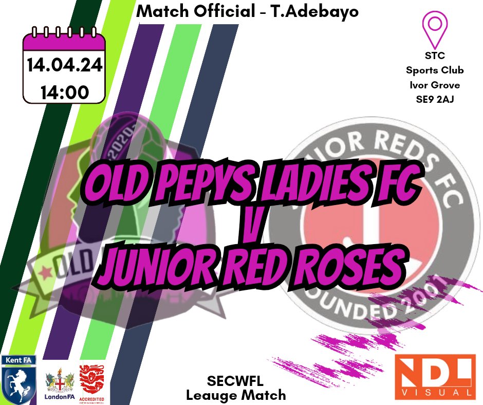Old Pepys Ladies FC V Junior Red Roses FC 📆 Sunday 14th April ⏰️ Kick Off - 14:00 📍 STC Sports Club, Ivor Grove, SE9 2AJ