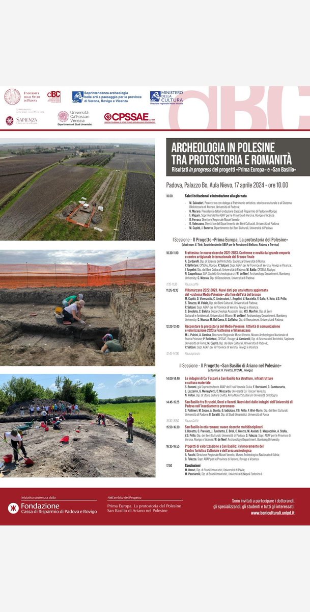 ARCHEOLOGIA IN POLESINE
TRA PROTOSTORIA E ROMANITÄ

Risultati in progress dei progetti «Prima Europa" e «San Basilio

Padova, Palazzo Bo, Aula Nievo, 17 aprile 2024- ore 10.00