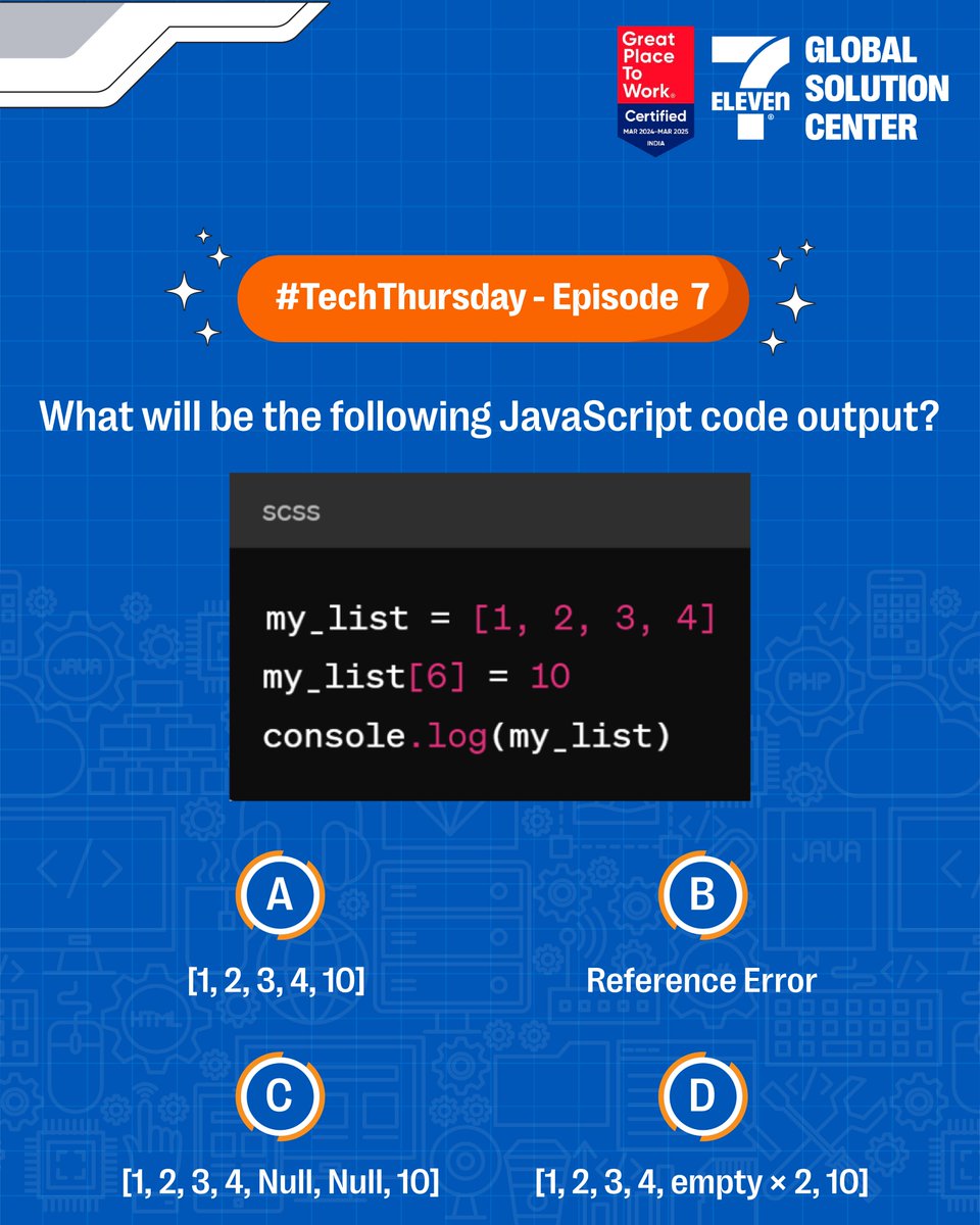 Choose the correct answer 👇 
A. [1, 2, 3, 4, 10] 
B. Reference Error 
C. [1, 2, 3, 4, Null, Null, 10] 
D. [1, 2, 3, 4, empty × 2, 10]  

#Techthursday #techword #wordoftheweek #codingquiz #codingfun #7ElevenGlobalSolutionCenter #7ElevenGlobal #ConvenienceRetail