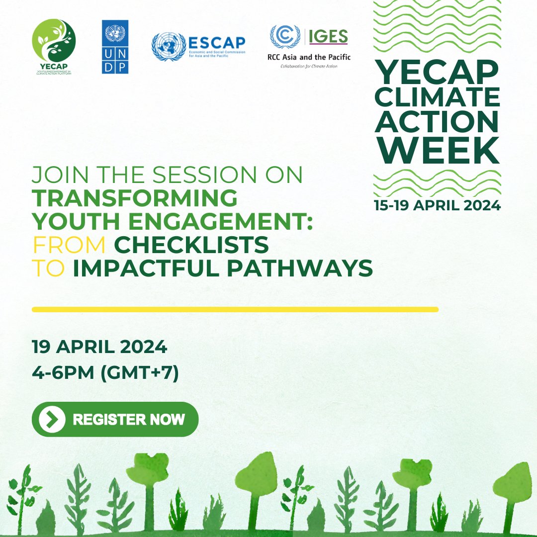 Join @YECAP_AP Climate Action Week session on Transforming Youth Engagement to learn from UNDP, @UNESCAP & UNFCCC RCC Asia-Pacific about youth-inclusive NDC process. 📅 19 April 2024 🕒 4-6PM (GMT+7) 🔗 Register now: tinyurl.com/ycaw24 📖 Learn more: tinyurl.com/ndcchecklist